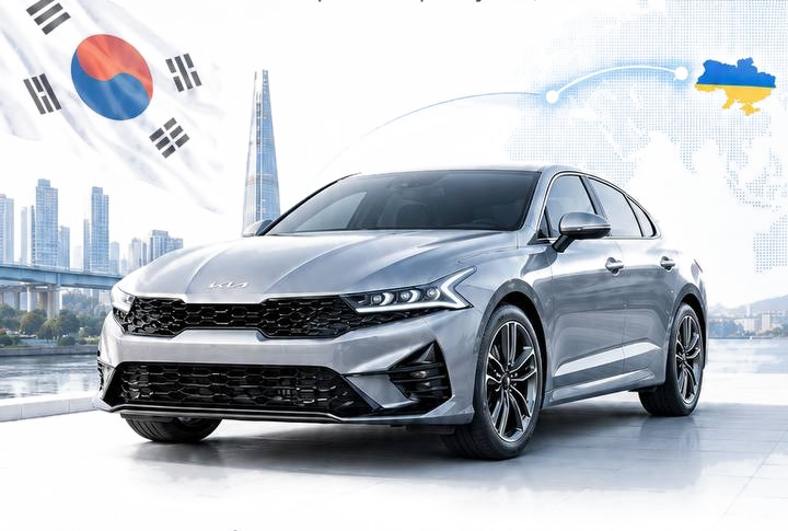 Срібний автомобіль Kia на фоні міста Сеул та мапи доставки